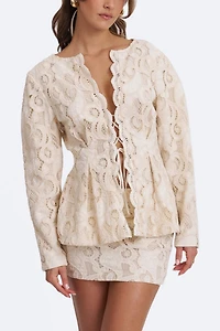 Miss Circle Wenley Cotton Lace Puff Sleeve Cinched Top