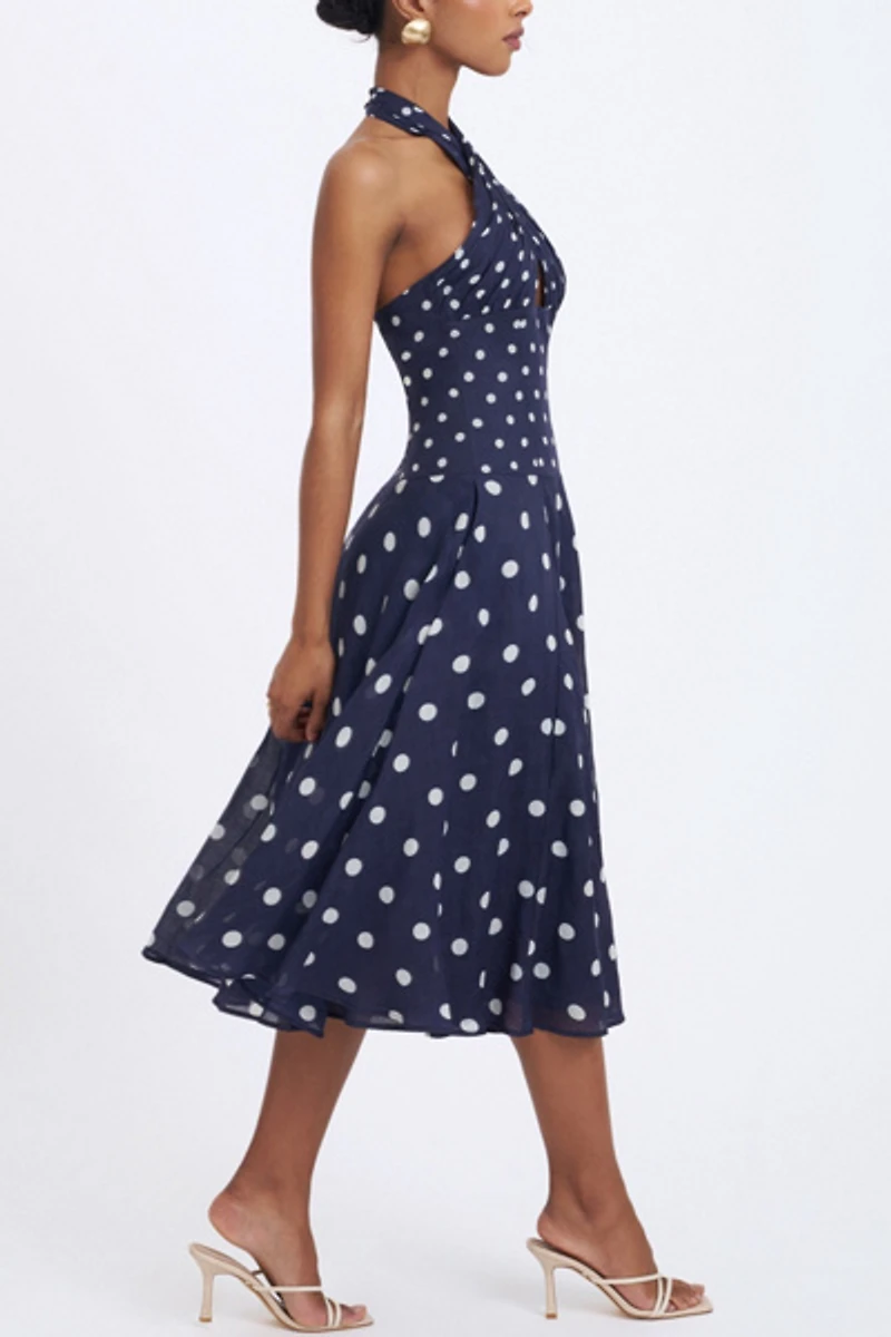 Miss Circle Nuri Polka Dot Ramie Crossover Halter A-Line Midi Dress
