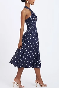 Miss Circle Nuri Polka Dot Ramie Crossover Halter A-Line Midi Dress