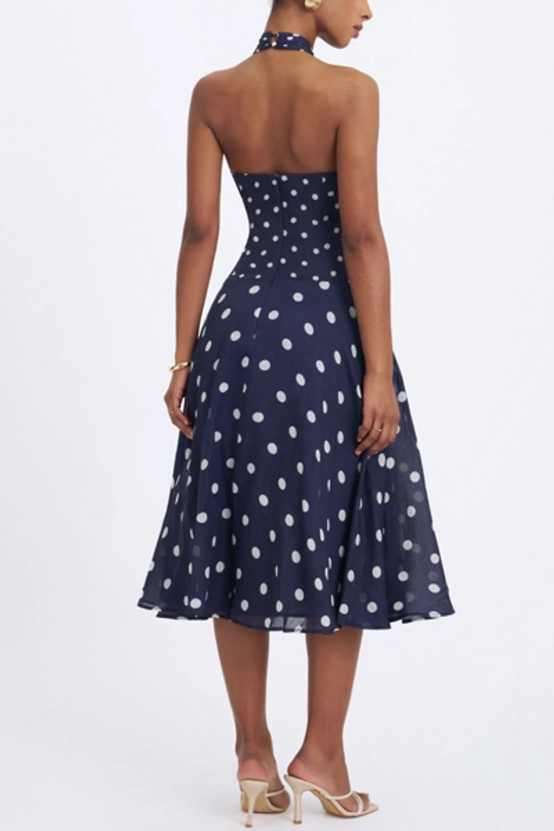 Miss Circle Nuri Polka Dot Ramie Crossover Halter A-Line Midi Dress