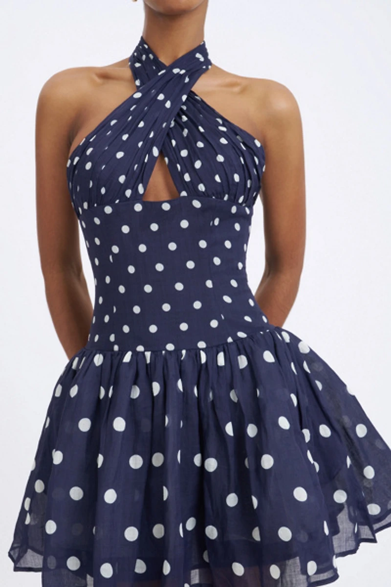 Miss Circle Yamina Polka Dot Ramie Crossover Halter Gathered Mini Dress