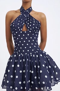 Miss Circle Yamina Polka Dot Ramie Crossover Halter Gathered Mini Dress