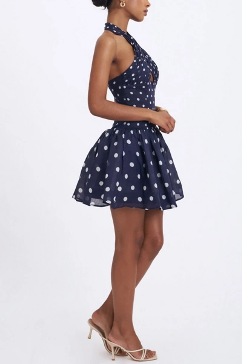 Miss Circle Yamina Polka Dot Ramie Crossover Halter Gathered Mini Dress