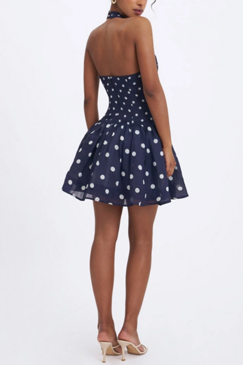 Miss Circle Yamina Polka Dot Ramie Crossover Halter Gathered Mini Dress