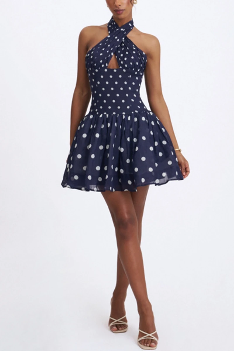 Miss Circle Yamina Polka Dot Ramie Crossover Halter Gathered Mini Dress