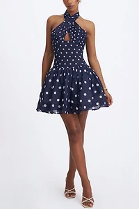 Miss Circle Yamina Polka Dot Ramie Crossover Halter Gathered Mini Dress