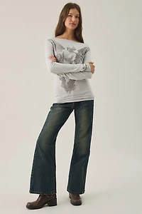 Gothic Angel Graphic Slash Neck Long Sleeve Tee