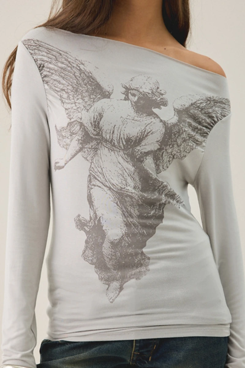 Gothic Angel Graphic Slash Neck Long Sleeve Tee