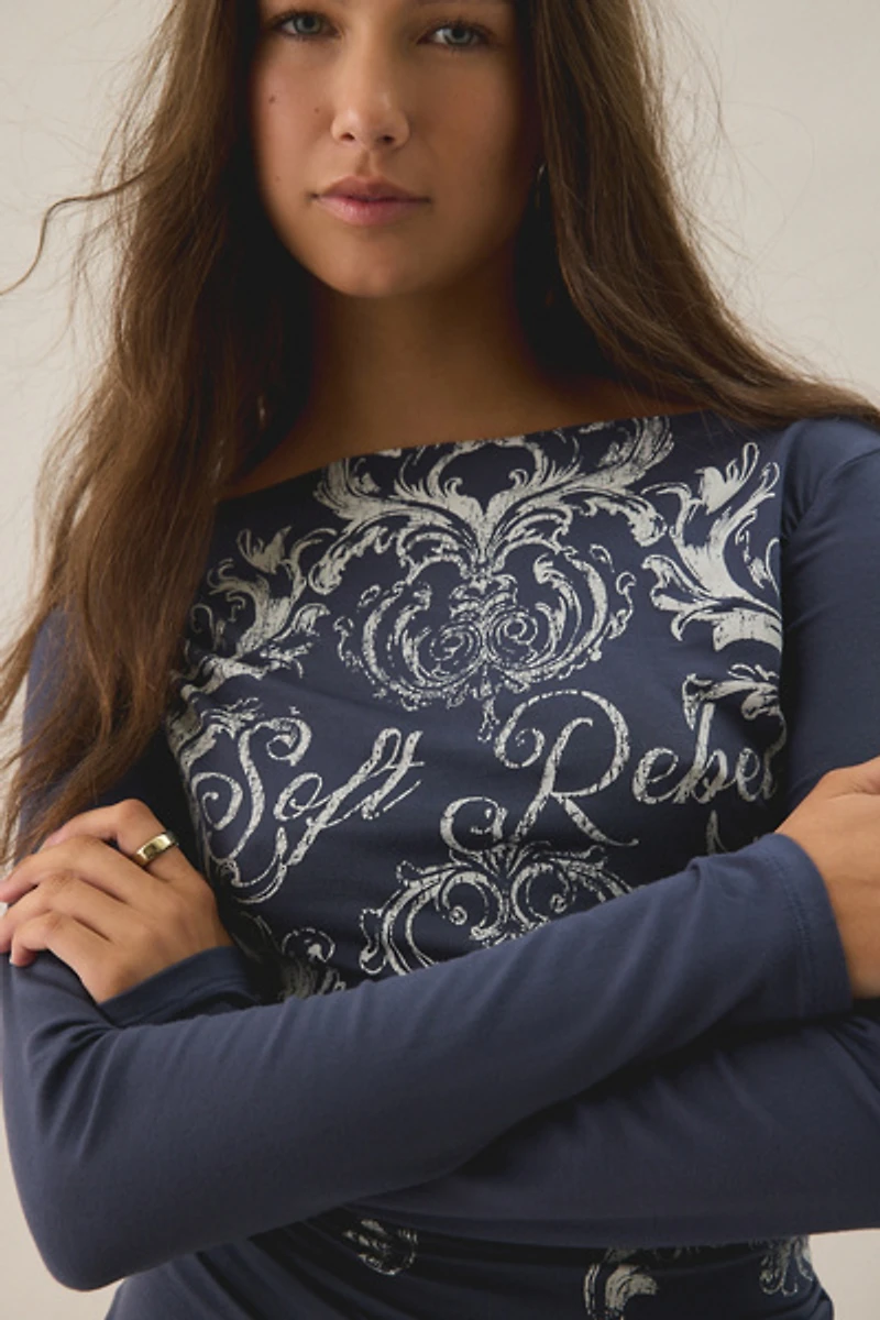 UO Soft Rebel Graphic Slash Neck Long Sleeve Tee