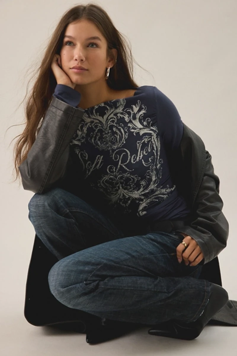 UO Soft Rebel Graphic Slash Neck Long Sleeve Tee