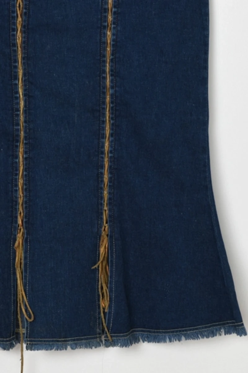 Vintage Y2k Rawhide-Laced Denim Midi Skirt