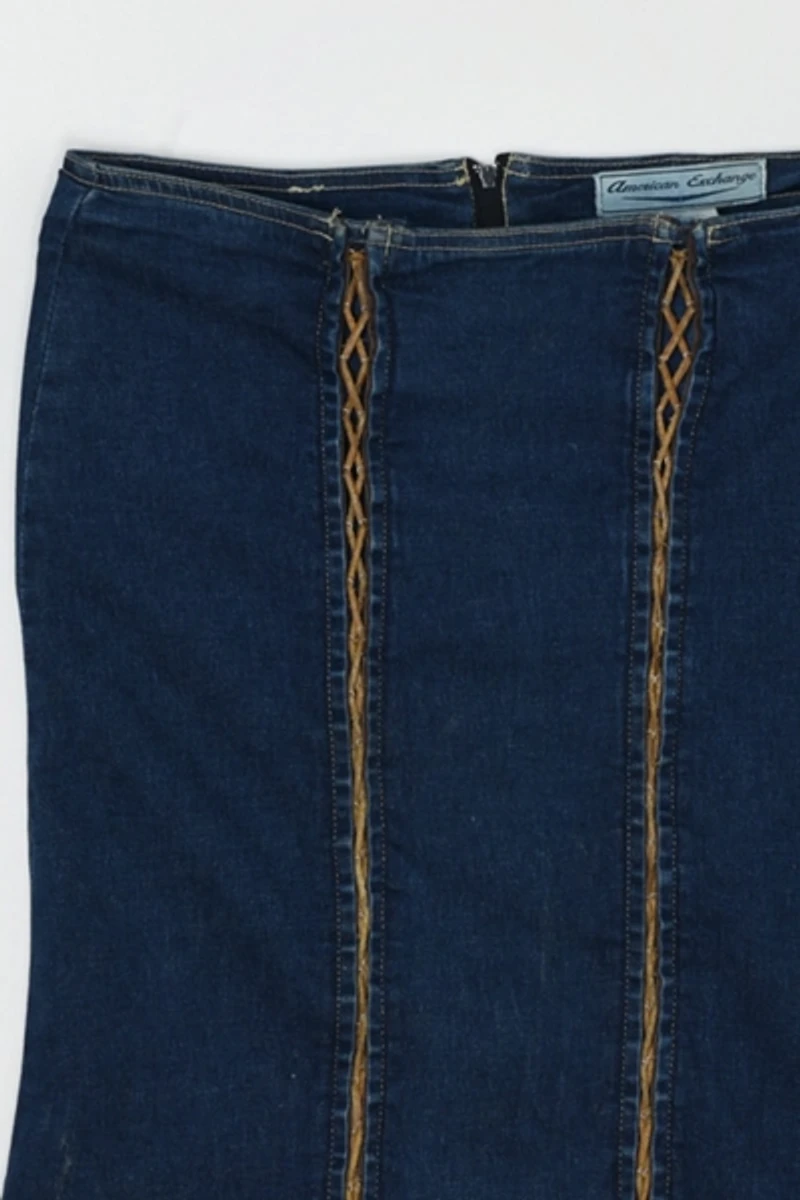 Vintage Y2k Rawhide-Laced Denim Midi Skirt