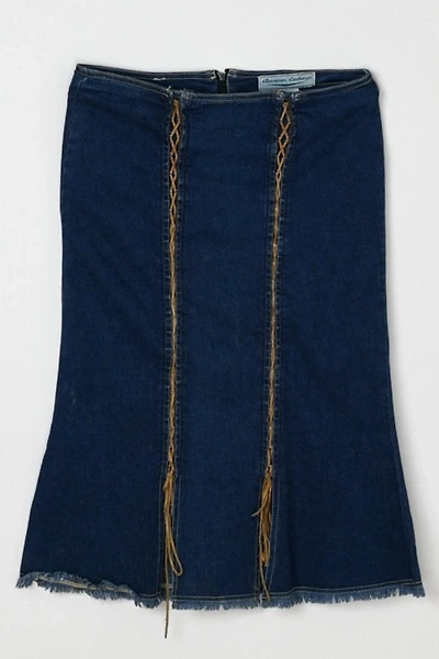 Vintage Y2k Rawhide-Laced Denim Midi Skirt