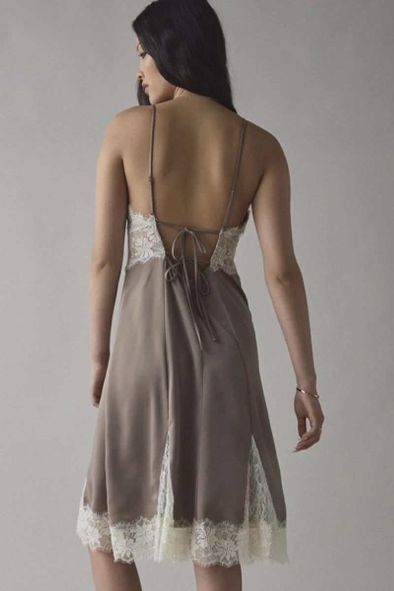 Dipped Lace Satin Slip Midi Dress