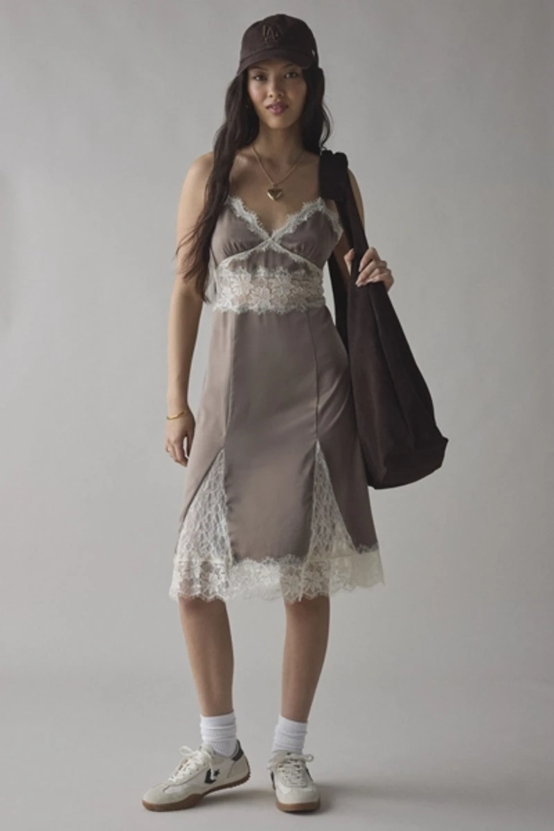 Dipped Lace Satin Slip Midi Dress