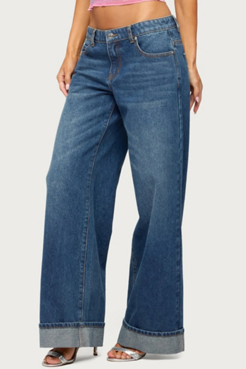 Edikted Gatz Cuffed Low Rise Wide Leg Jeans