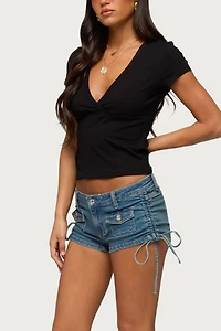 Edikted Lalie Drawstring Denim Micro Shorts