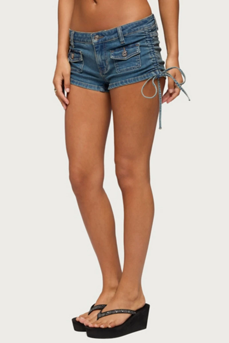 Edikted Lalie Drawstring Denim Micro Shorts