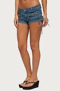 Edikted Lalie Drawstring Denim Micro Shorts