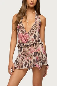 Edikted Aleena Floral Leopard Halter Mini Dress