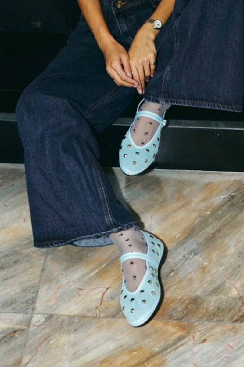 Flabelus Denim Silver Studded Mary Janes