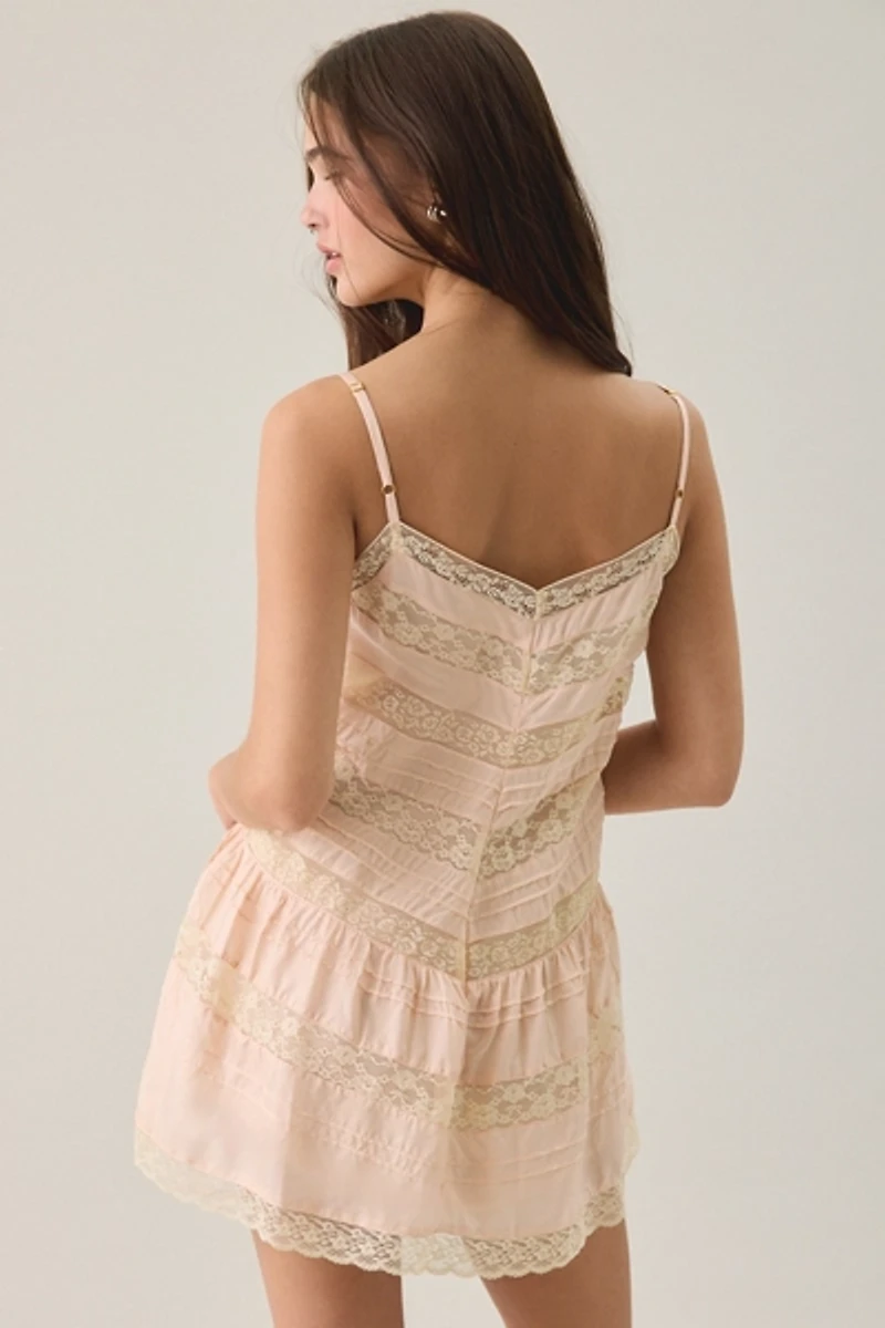 LoveShackFancy Besette Lace Trim Silk Slip Mini Dress