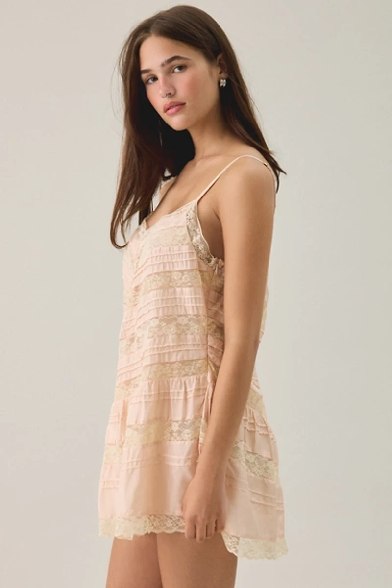 LoveShackFancy Besette Lace Trim Silk Slip Mini Dress