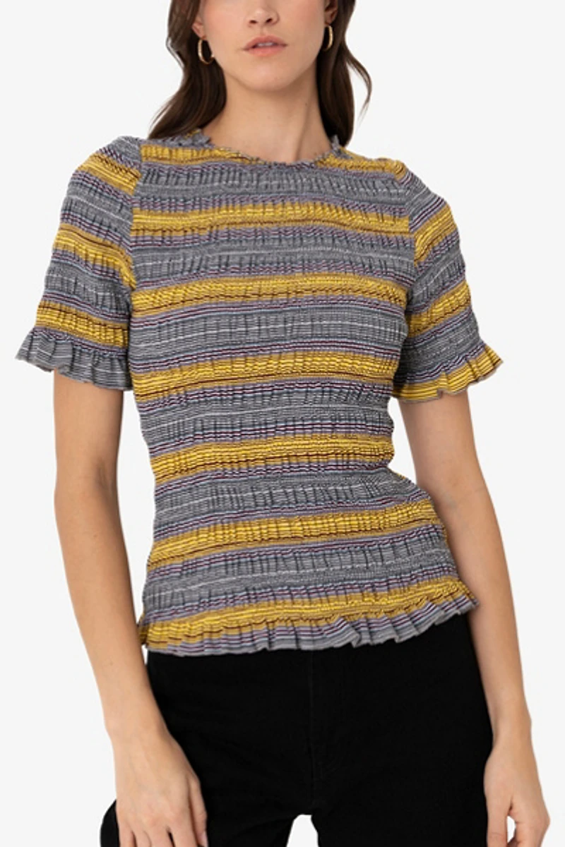Amy Lynn Romy Multi Stripe Smocked Cotton Knitted Top