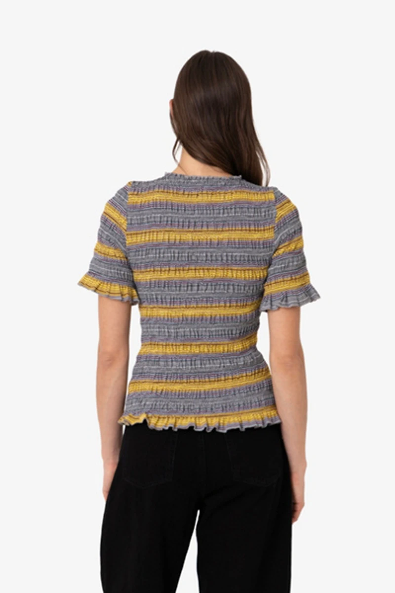 Amy Lynn Romy Multi Stripe Smocked Cotton Knitted Top