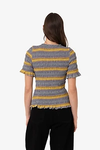 Amy Lynn Romy Multi Stripe Smocked Cotton Knitted Top
