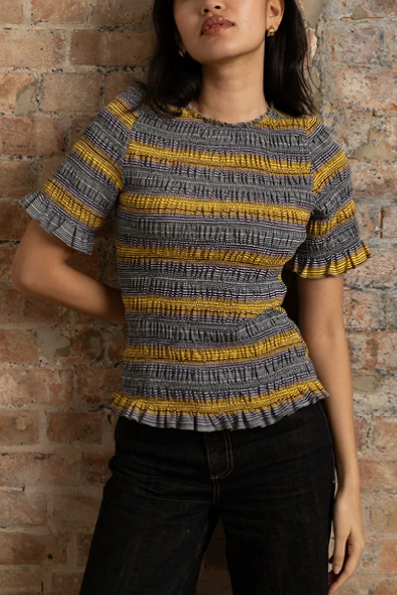 Amy Lynn Romy Multi Stripe Smocked Cotton Knitted Top