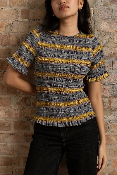 Amy Lynn Romy Multi Stripe Smocked Cotton Knitted Top