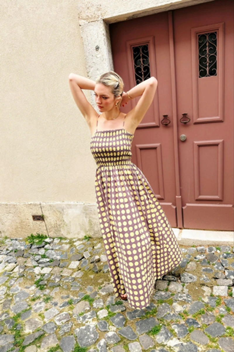 Amy Lynn Darcy Polka Dot Smocked Midi Dress
