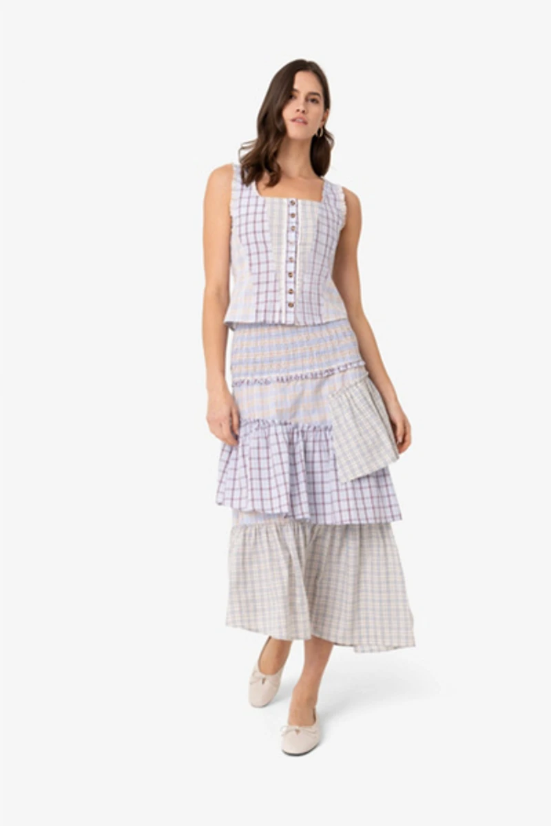 Amy Lynn Brittany Multi Check Cotton Blend Frill Top