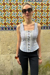 Amy Lynn Brittany Multi Check Cotton Blend Frill Top