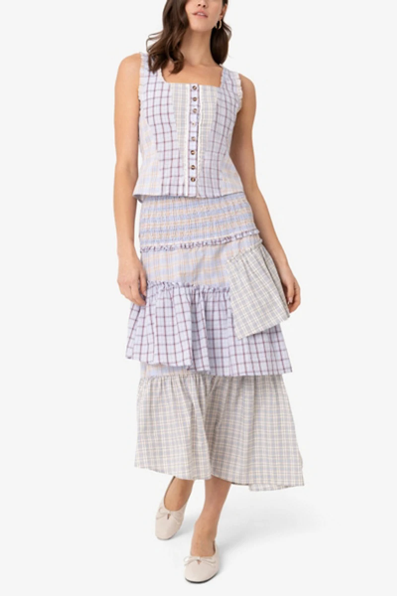 Amy Lynn Thea Multi Check Cotton Smocked Tiered Skirt