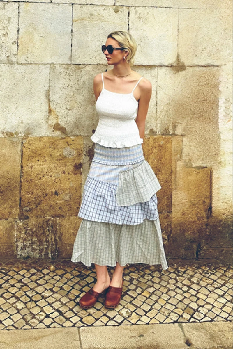 Amy Lynn Thea Multi Check Cotton Smocked Tiered Skirt