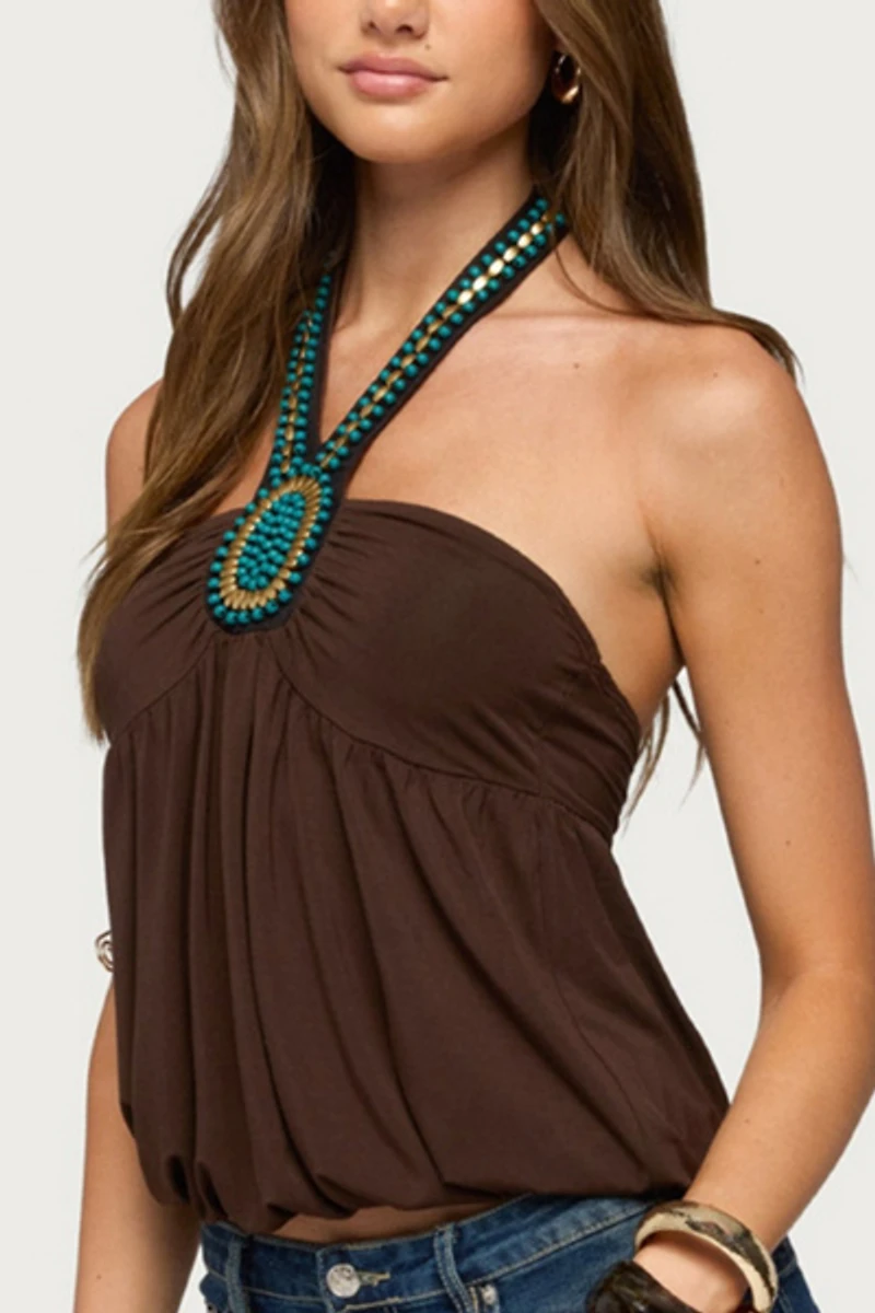 Edikted Polie Beaded Bubble Jersey Halter Top
