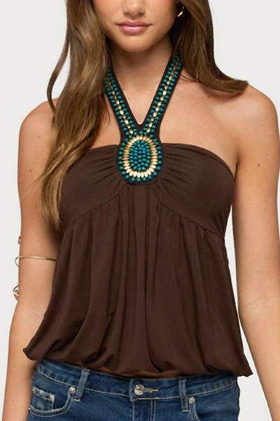 Edikted Polie Beaded Bubble Jersey Halter Top