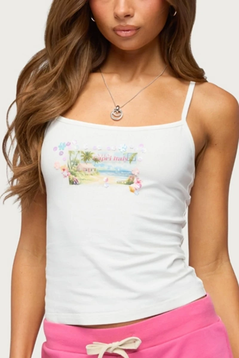 Edikted Beach Postcard Sequin Tank Top