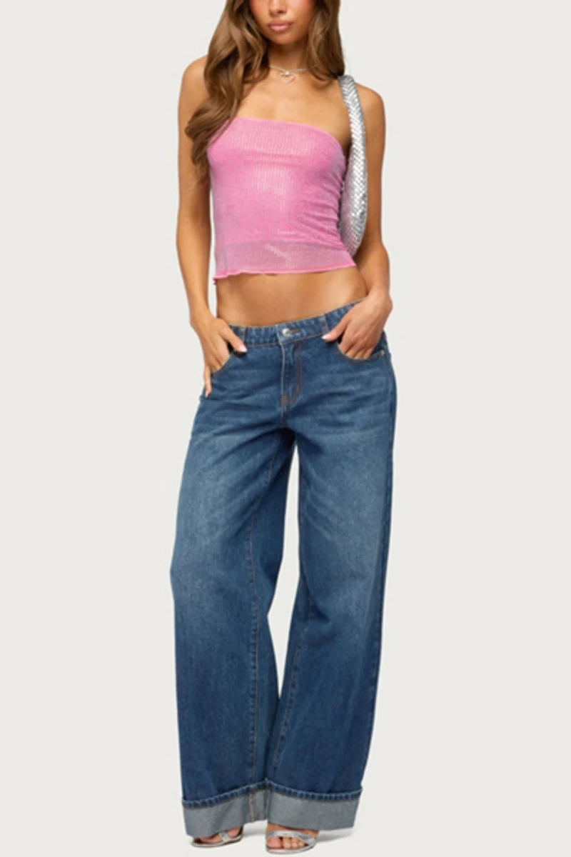 Edikted Olea Rhinestone Mesh Strapless Top