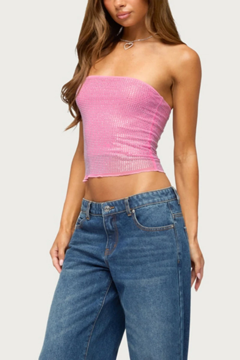 Edikted Olea Rhinestone Mesh Strapless Top
