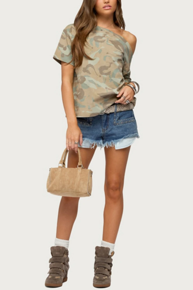 Edikted Miltah Camo Off Shoulder Top