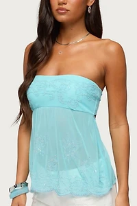 Edikted Corra Rhinestone Lace Cutout Top