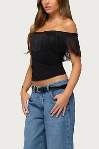 Edikted Catelina Fringe Off Shoulder Top