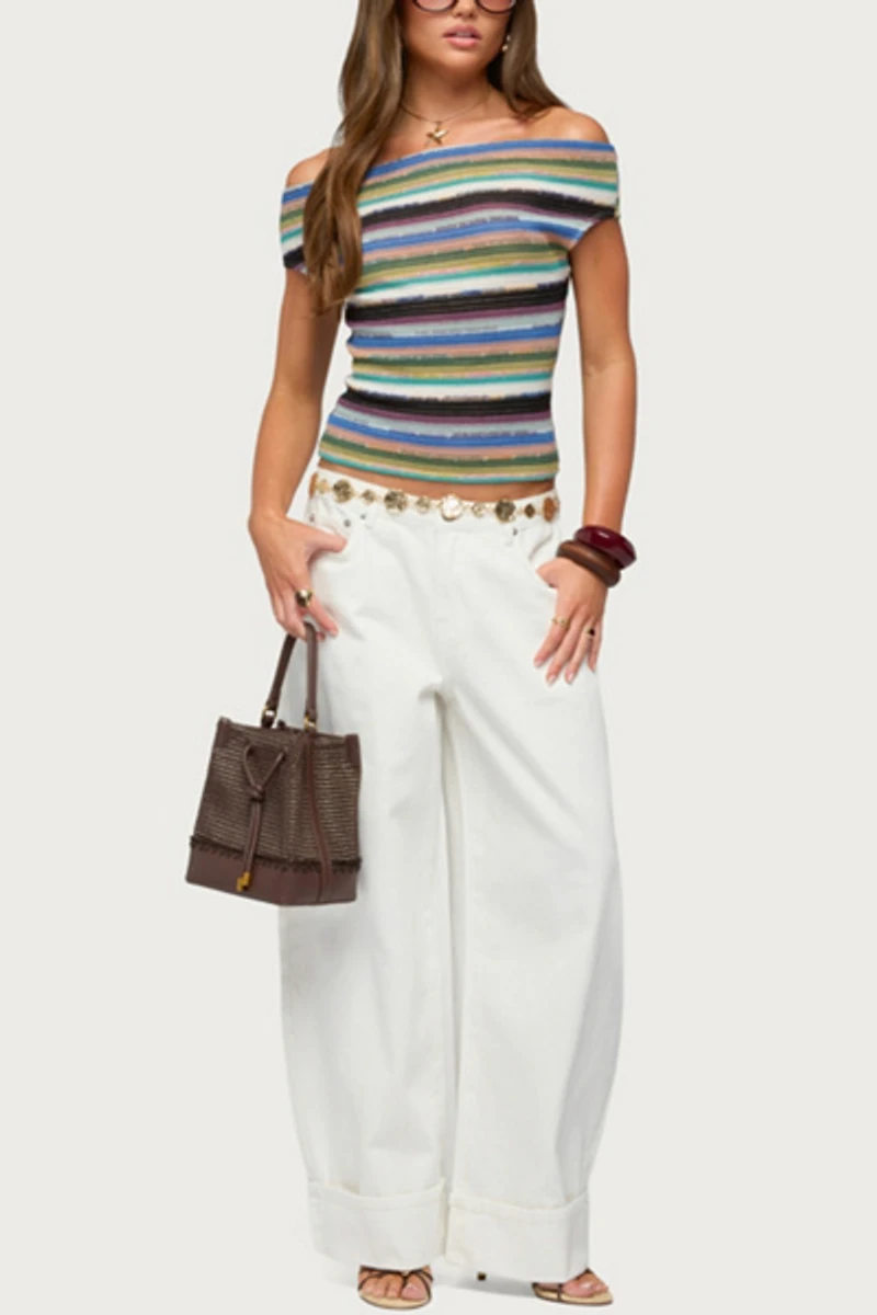 Edikted Irenea Striped Knit Off Shoulder Top