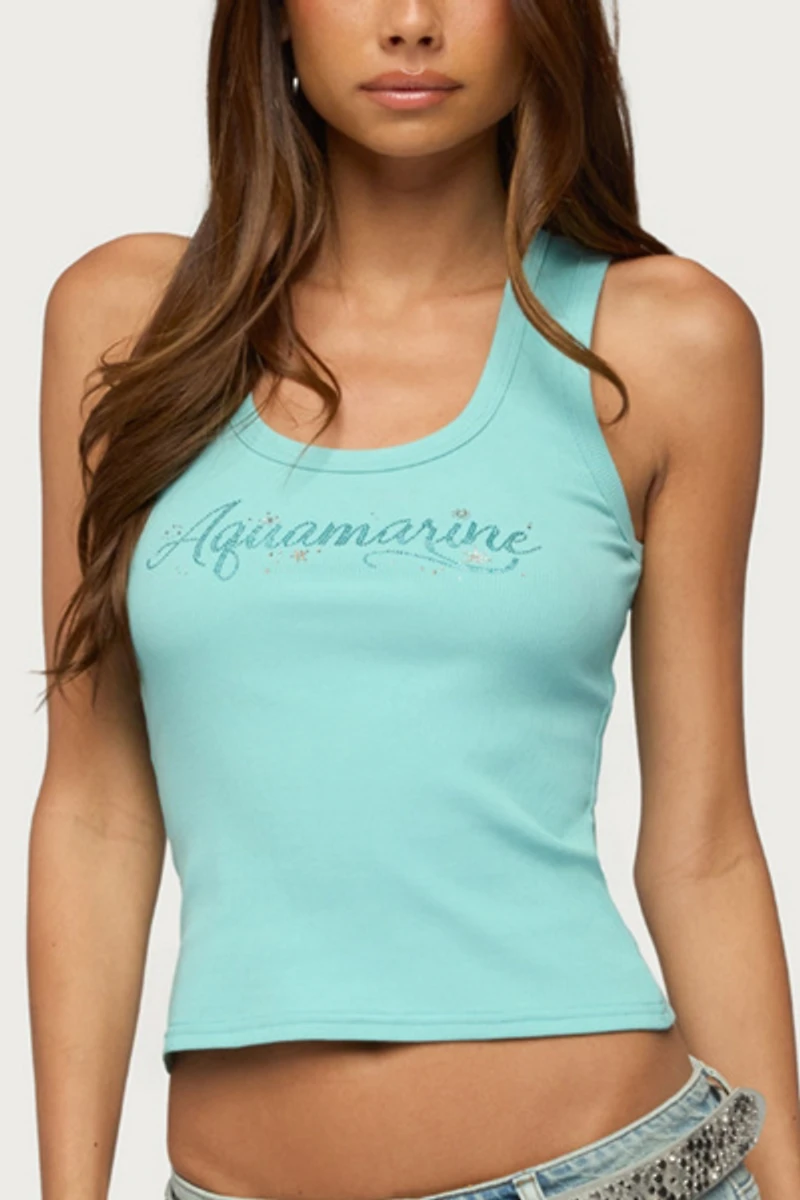 Edikted Aquaramine Rhinestone Ribbed Tank Top