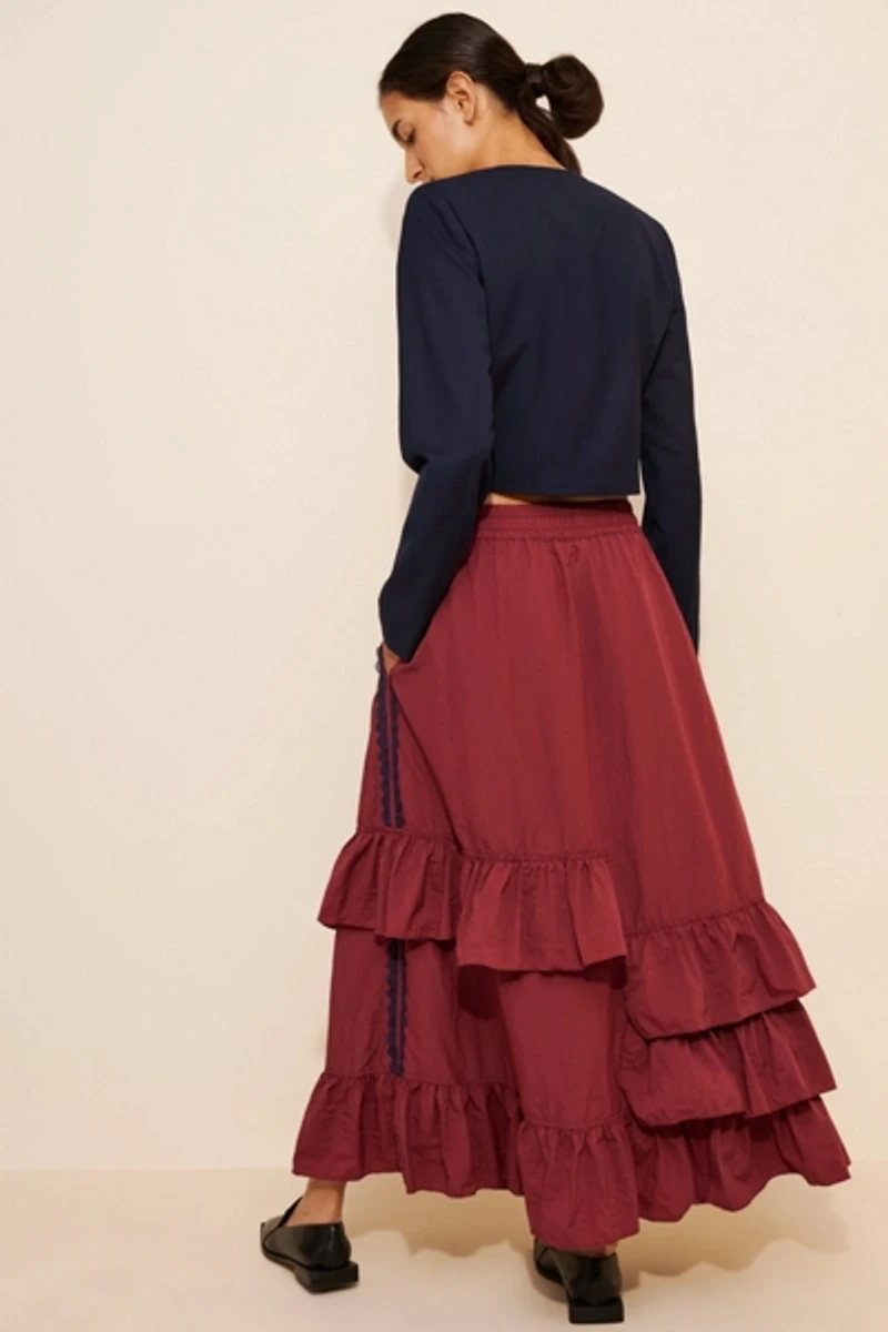 BDG Track Angel Tiered Ruffle Nylon Maxi Skirt