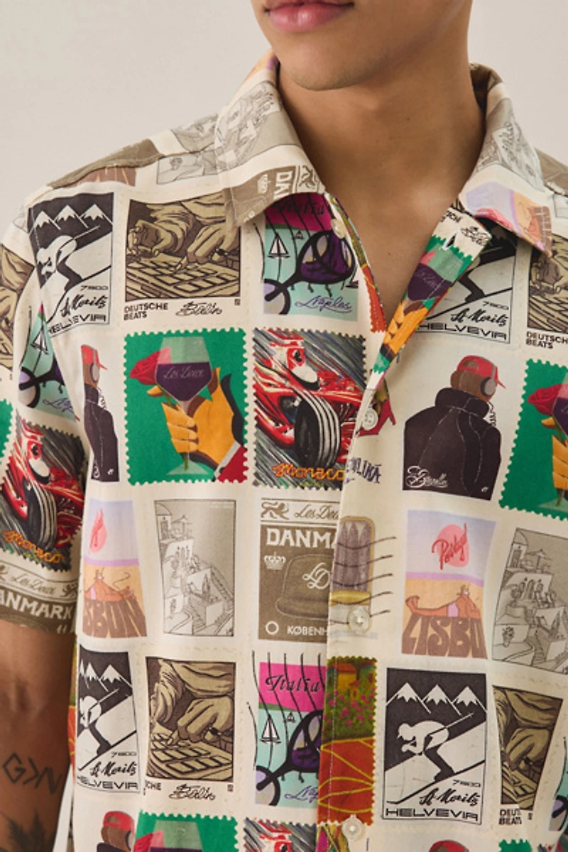 Les Deux Allover Stamp Pattern Short Sleeve Shirt