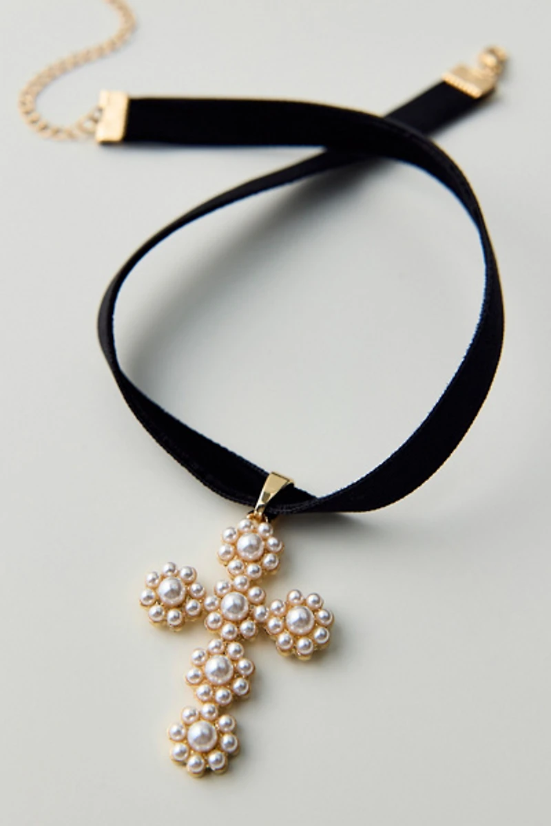 Pearl Cross Ribbon Choker Necklace